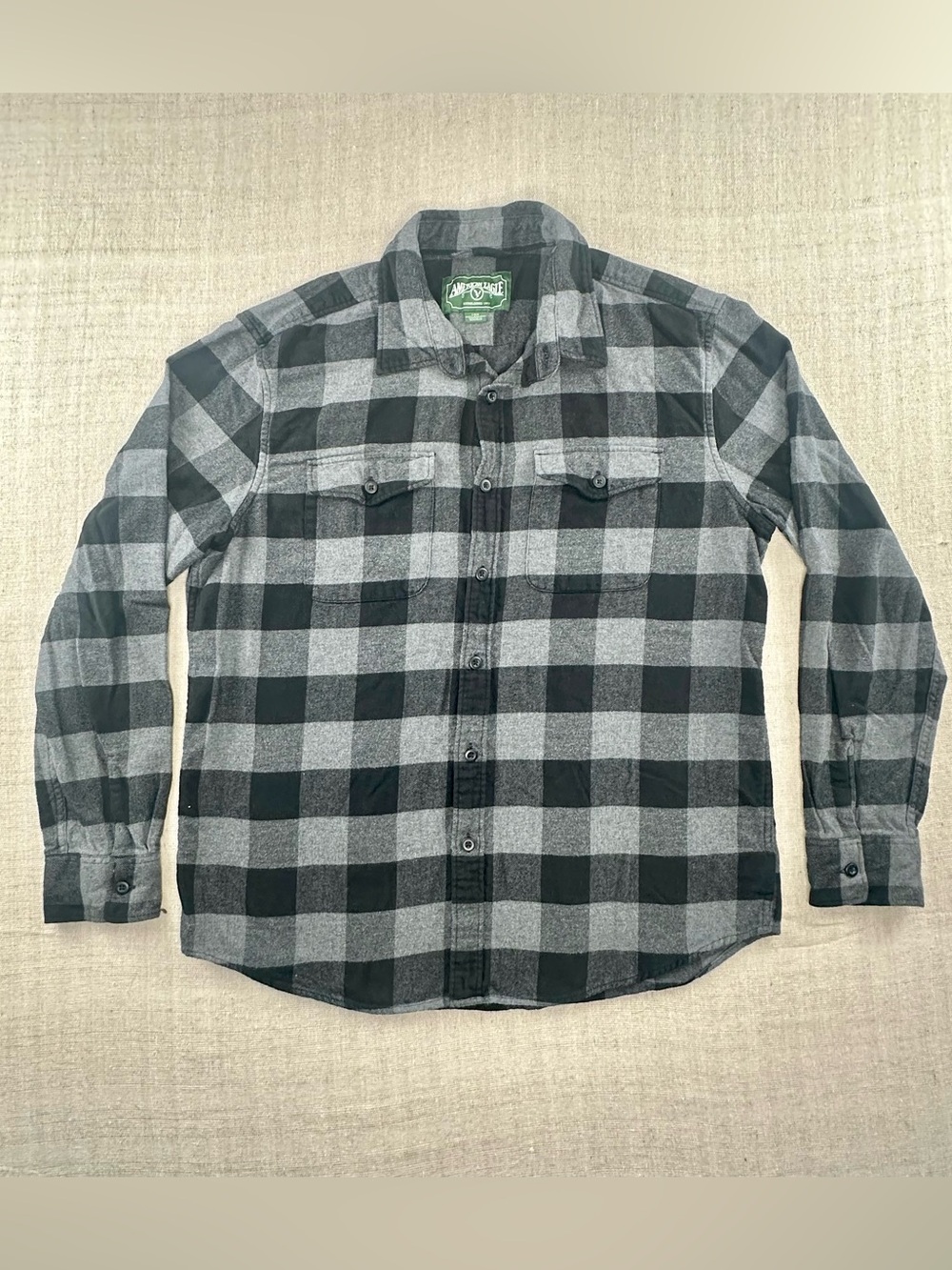 Vintage American Eagle Mens L Buffalo Plaid Flannel Shirt Black Gray 100% Cotton